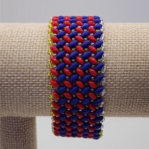 Hand Beaded Band Bracelet Red and Blue Main Colors 7"